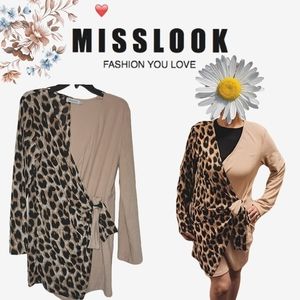MISSLOOK- Leopard Cotton Blend Wrap Dress, Size M